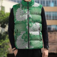 Green Aloha Hawaii Sleeveless Puffer Jacket Monstera Hibiscus Plumeria Seamless Vibes - Polynesian Pride