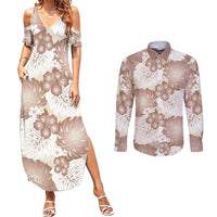 Mocha Mousse Aloha Hawaii Couples Matching Summer Maxi Dress and Long Sleeve Button Shirt Monstera Hibiscus Plumeria Seamless Vibes - Polynesian Pride