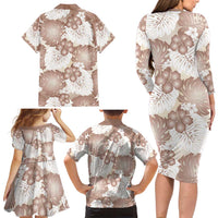 Mocha Mousse Aloha Hawaii Family Matching Long Sleeve Bodycon Dress and Hawaiian Shirt Monstera Hibiscus Plumeria Seamless Vibes - Polynesian Pride