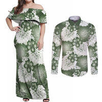 Sage Green Aloha Hawaii Couples Matching Off Shoulder Maxi Dress and Long Sleeve Button Shirt Monstera Hibiscus Plumeria Seamless Vibes - Polynesian Pride