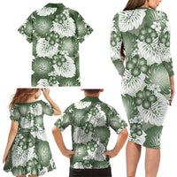 Sage Green Aloha Hawaii Family Matching Long Sleeve Bodycon Dress and Hawaiian Shirt Monstera Hibiscus Plumeria Seamless Vibes - Polynesian Pride