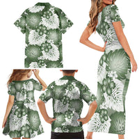 Sage Green Aloha Hawaii Family Matching Short Sleeve Bodycon Dress and Hawaiian Shirt Monstera Hibiscus Plumeria Seamless Vibes - Polynesian Pride