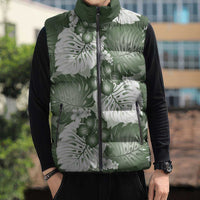 Sage Green Aloha Hawaii Sleeveless Puffer Jacket Monstera Hibiscus Plumeria Seamless Vibes - Polynesian Pride