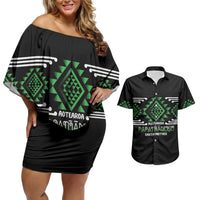 Aotearoa Atua Papatuanuku Personalised Couples Matching Off Shoulder Short Dress and Hawaiian Shirt Maori Earth Mother Taniko Motifs