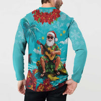Hawaii Christmas Button Sweatshirt Mele Kalikimaka Poinsettia Lei - Cyan