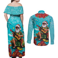 Hawaii Christmas Couples Matching Off Shoulder Maxi Dress and Long Sleeve Button Shirt Mele Kalikimaka Poinsettia Lei - Cyan