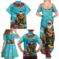 Hawaii Christmas Family Matching Summer Maxi Dress and Hawaiian Shirt Mele Kalikimaka Poinsettia Lei - Cyan