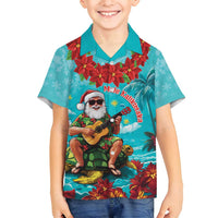 Hawaii Christmas Family Matching Tank Maxi Dress and Hawaiian Shirt Mele Kalikimaka Poinsettia Lei - Cyan