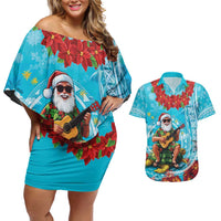 Hawaii Christmas Couples Matching Off Shoulder Short Dress and Hawaiian Shirt Mele Kalikimaka Poinsettia Lei Polynesian - Blue