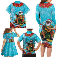 Hawaii Christmas Family Matching Long Sleeve Bodycon Dress and Hawaiian Shirt Mele Kalikimaka Poinsettia Lei Polynesian - Blue