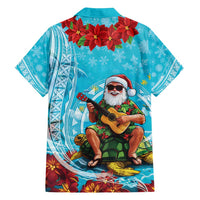 Hawaii Christmas Family Matching Long Sleeve Bodycon Dress and Hawaiian Shirt Mele Kalikimaka Poinsettia Lei Polynesian - Blue
