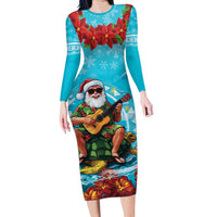 Hawaii Christmas Family Matching Long Sleeve Bodycon Dress and Hawaiian Shirt Mele Kalikimaka Poinsettia Lei Polynesian - Blue