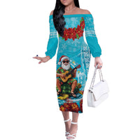 Hawaii Christmas Off The Shoulder Long Sleeve Dress Mele Kalikimaka Poinsettia Lei Polynesian - Blue