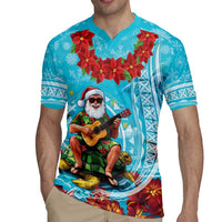 Hawaii Christmas Rugby Jersey Mele Kalikimaka Poinsettia Lei Polynesian - Blue