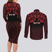 Personalised Keep Maori Wards New Zealand Couples Matching Long Sleeve Bodycon Dress and Long Sleeve Button Shirt Stronger Together Aotearoa Taniko - Polynesian Pride