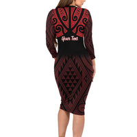 Personalised Keep Maori Wards New Zealand Long Sleeve Bodycon Dress Stronger Together Aotearoa Taniko - Polynesian Pride