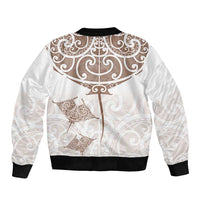 New Zealand Manta Ray Tattoo Bomber Jacket Aotearoa Maori Haehae Beige - Polynesian Pride