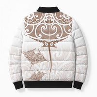 New Zealand Manta Ray Tattoo Bomber Puffer Jacket Aotearoa Maori Haehae Beige - Polynesian Pride