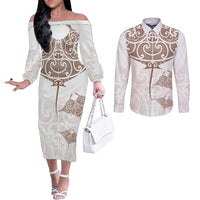 New Zealand Manta Ray Tattoo Couples Matching Off The Shoulder Long Sleeve Dress and Long Sleeve Button Shirt Aotearoa Maori Haehae Beige - Polynesian Pride