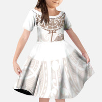 New Zealand Manta Ray Tattoo Family Matching Short Sleeve Bodycon Dress and Hawaiian Shirt Aotearoa Maori Haehae Beige - Polynesian Pride