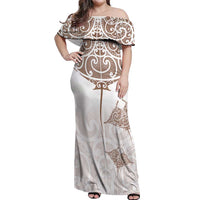 New Zealand Manta Ray Tattoo Off Shoulder Maxi Dress Aotearoa Maori Haehae Beige - Polynesian Pride