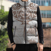 New Zealand Manta Ray Tattoo Sleeveless Puffer Jacket Aotearoa Maori Haehae Beige - Polynesian Pride