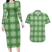 Green Hawaiian Quilt Couples Matching Long Sleeve Bodycon Dress and Hawaiian Shirt Hawaii Pineapple Monstera Palaka Motifs - Polynesian Pride