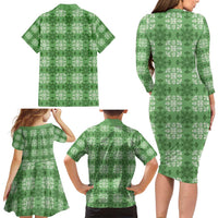 Green Hawaiian Quilt Family Matching Long Sleeve Bodycon Dress and Hawaiian Shirt Hawaii Pineapple Monstera Palaka Motifs - Polynesian Pride