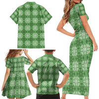Green Hawaiian Quilt Family Matching Short Sleeve Bodycon Dress and Hawaiian Shirt Hawaii Pineapple Monstera Palaka Motifs - Polynesian Pride