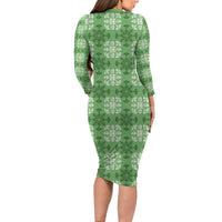 Green Hawaiian Quilt Long Sleeve Bodycon Dress Hawaii Pineapple Monstera Palaka Motifs - Polynesian Pride