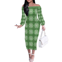Green Hawaiian Quilt Off The Shoulder Long Sleeve Dress Hawaii Pineapple Monstera Palaka Motifs - Polynesian Pride
