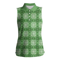 Green Hawaiian Quilt Women Sleeveless Polo Shirt Hawaii Pineapple Monstera Palaka Motifs - Polynesian Pride