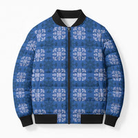 Royal Blue Hawaiian Quilt Bomber Puffer Jacket Hawaii Pineapple Monstera Palaka Motifs - Polynesian Pride