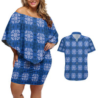 Royal Blue Hawaiian Quilt Couples Matching Off Shoulder Short Dress and Hawaiian Shirt Hawaii Pineapple Monstera Palaka Motifs - Polynesian Pride