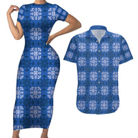 Royal Blue Hawaiian Quilt Couples Matching Short Sleeve Bodycon Dress and Hawaiian Shirt Hawaii Pineapple Monstera Palaka Motifs - Polynesian Pride