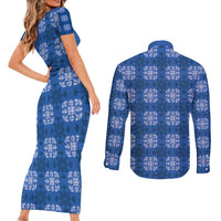 Royal Blue Hawaiian Quilt Couples Matching Short Sleeve Bodycon Dress and Long Sleeve Button Shirt Hawaii Pineapple Monstera Palaka Motifs - Polynesian Pride