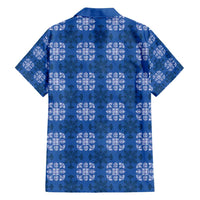 Royal Blue Hawaiian Quilt Family Matching Off Shoulder Short Dress and Hawaiian Shirt Hawaii Pineapple Monstera Palaka Motifs - Polynesian Pride