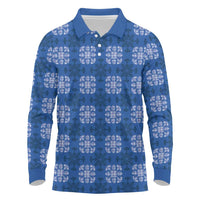 Royal Blue Hawaiian Quilt Long Sleeve Polo Shirt Hawaii Pineapple Monstera Palaka Motifs - Polynesian Pride