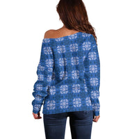 Royal Blue Hawaiian Quilt Off Shoulder Sweater Hawaii Pineapple Monstera Palaka Motifs - Polynesian Pride