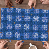 Royal Blue Hawaiian Quilt Puzzle Hawaii Pineapple Monstera Palaka Motifs - Polynesian Pride