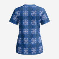 Royal Blue Hawaiian Quilt Scrub Top Hawaii Pineapple Monstera Palaka Motifs - Polynesian Pride