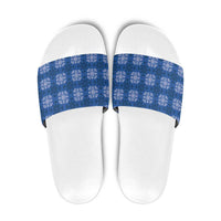 Royal Blue Hawaiian Quilt Slide Sandals Hawaii Pineapple Monstera Palaka Motifs - Polynesian Pride