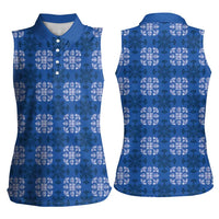 Royal Blue Hawaiian Quilt Women Sleeveless Polo Shirt Hawaii Pineapple Monstera Palaka Motifs - Polynesian Pride