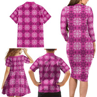 Pink Hawaiian Quilt Family Matching Long Sleeve Bodycon Dress and Hawaiian Shirt Hawaii Pineapple Monstera Palaka Motifs - Polynesian Pride