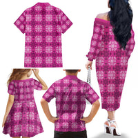 Pink Hawaiian Quilt Family Matching Off The Shoulder Long Sleeve Dress and Hawaiian Shirt Hawaii Pineapple Monstera Palaka Motifs - Polynesian Pride