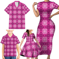 Pink Hawaiian Quilt Family Matching Short Sleeve Bodycon Dress and Hawaiian Shirt Hawaii Pineapple Monstera Palaka Motifs - Polynesian Pride
