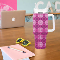 Pink Hawaiian Quilt Tumbler With Handle Hawaii Pineapple Monstera Palaka Motifs - Polynesian Pride