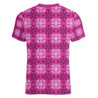 Pink Hawaiian Quilt Women V-Neck T-Shirt Hawaii Pineapple Monstera Palaka Motifs - Polynesian Pride