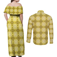 Yellow Hawaiian Quilt Couples Matching Off Shoulder Maxi Dress and Long Sleeve Button Shirt Hawaii Pineapple Monstera Palaka Motifs - Polynesian Pride