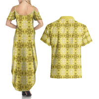 Yellow Hawaiian Quilt Couples Matching Summer Maxi Dress and Hawaiian Shirt Hawaii Pineapple Monstera Palaka Motifs - Polynesian Pride